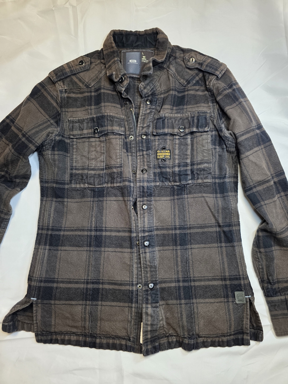 G-Star Raw Plaid Shirt Jacket in Brown and Black Zip And Snap Front Men's Size L